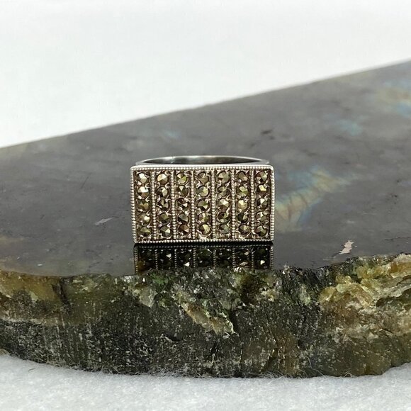 VTG Sterling Silver 925 7 Row Marcasite Rectangular Wide Band Ring Sz 5.5 - Picture 2 of 16